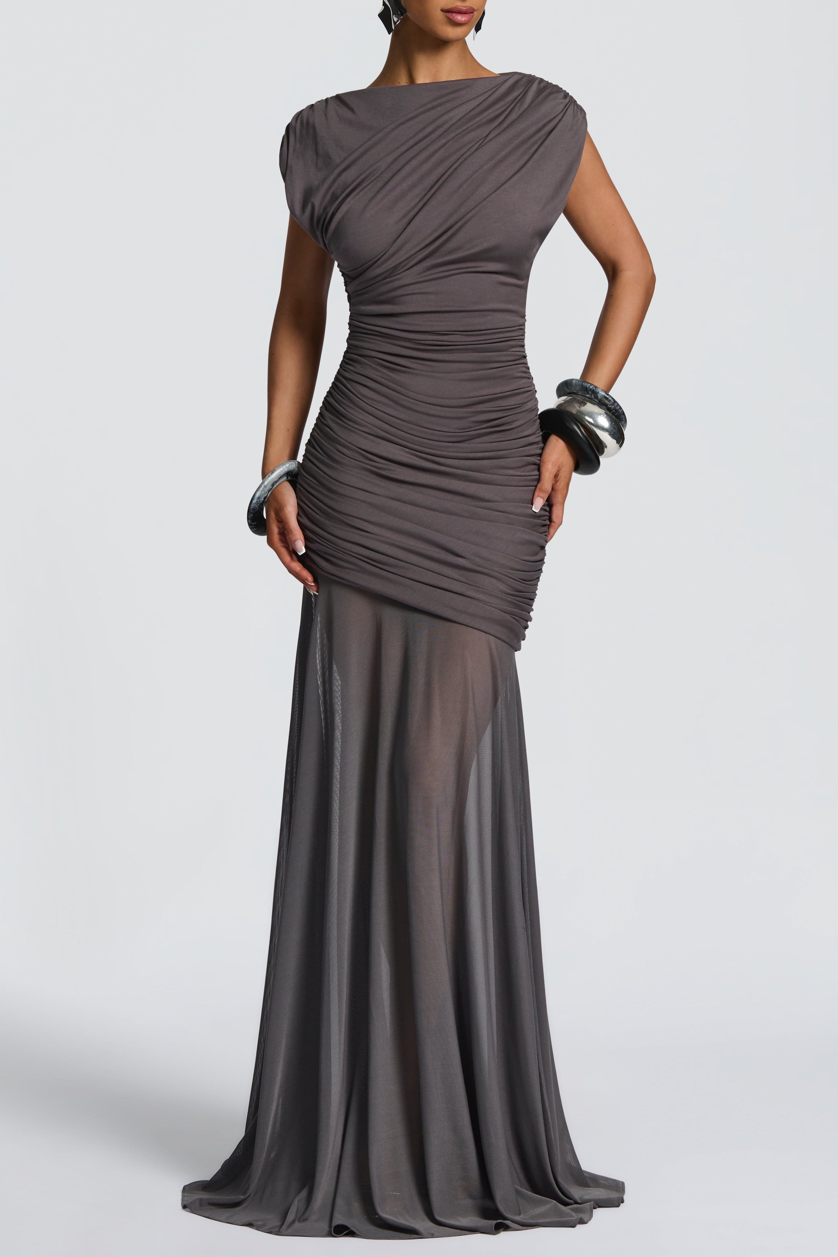 Ruched Sleeveless Maxi Dress - Charcoal