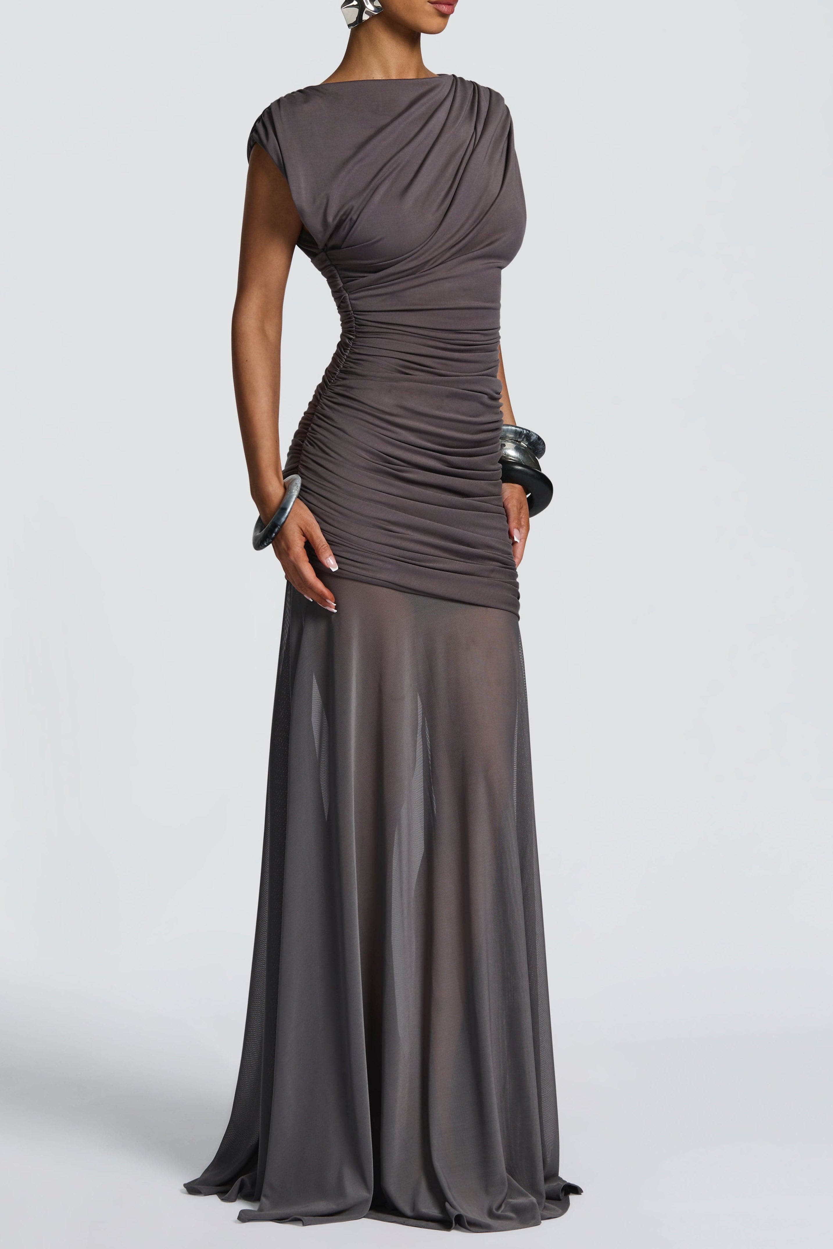 Ruched Sleeveless Maxi Dress - Charcoal