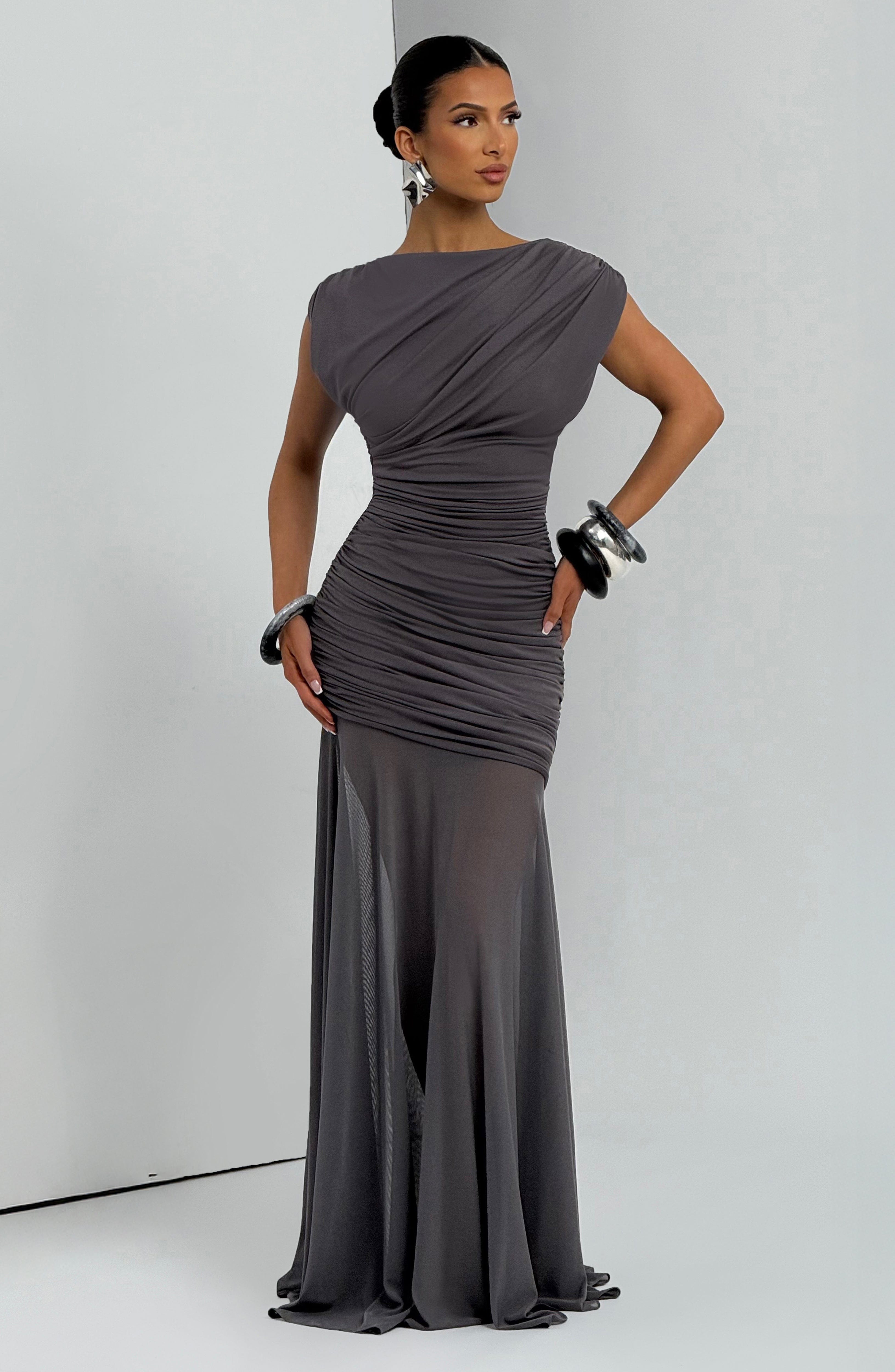 Ruched Sleeveless Maxi Dress - Charcoal