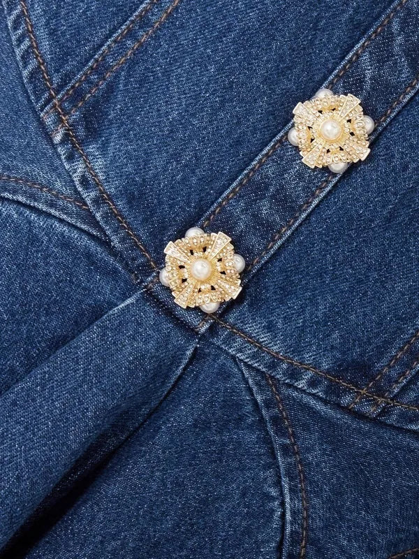 Sleeveless Flower Button Denim Mini Dress in Blue
