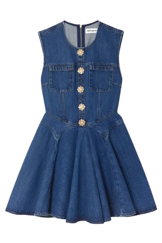 Sleeveless Flower Button Denim Mini Dress in Blue