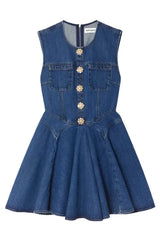 Sleeveless Flower Button Denim Mini Dress in Blue