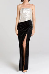 Off Shoulder Sequin High Maxi Dress - Silver/Black