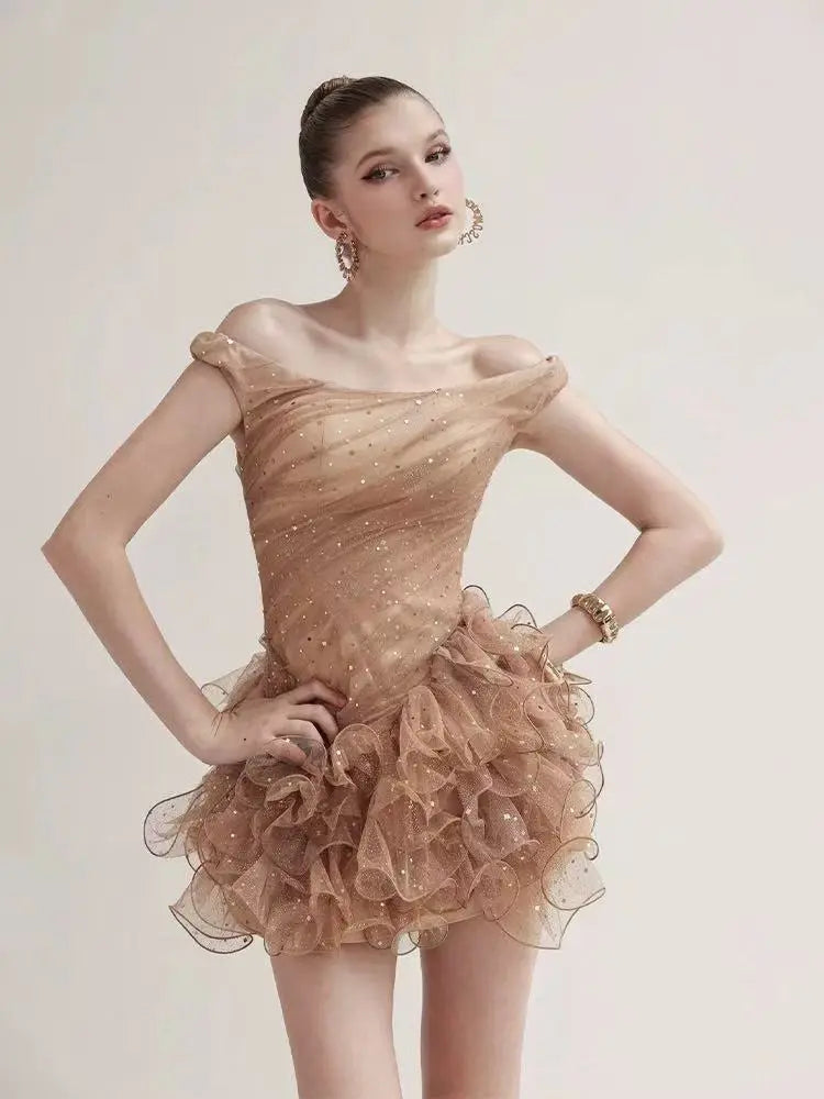 Romantic Embellished Sleeveless Ruffle Sequin Mini Dress