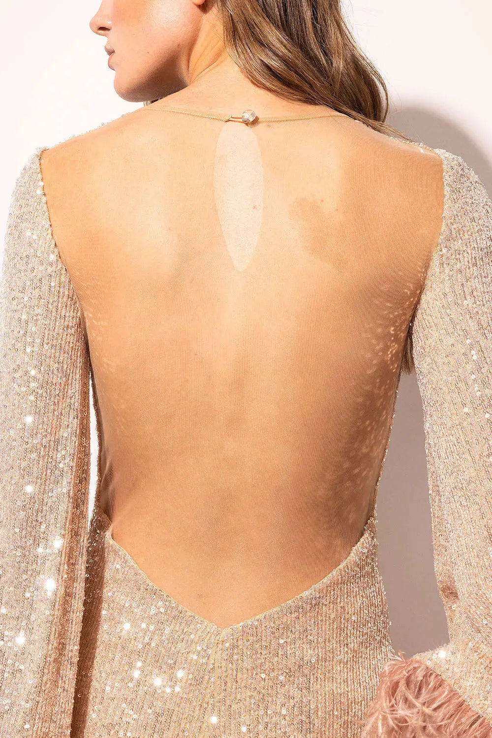 Pink Sequin Feather Trim Backless Mini Dress