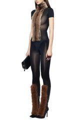 Furry Embellished Turtleneck Bodysuit in Black