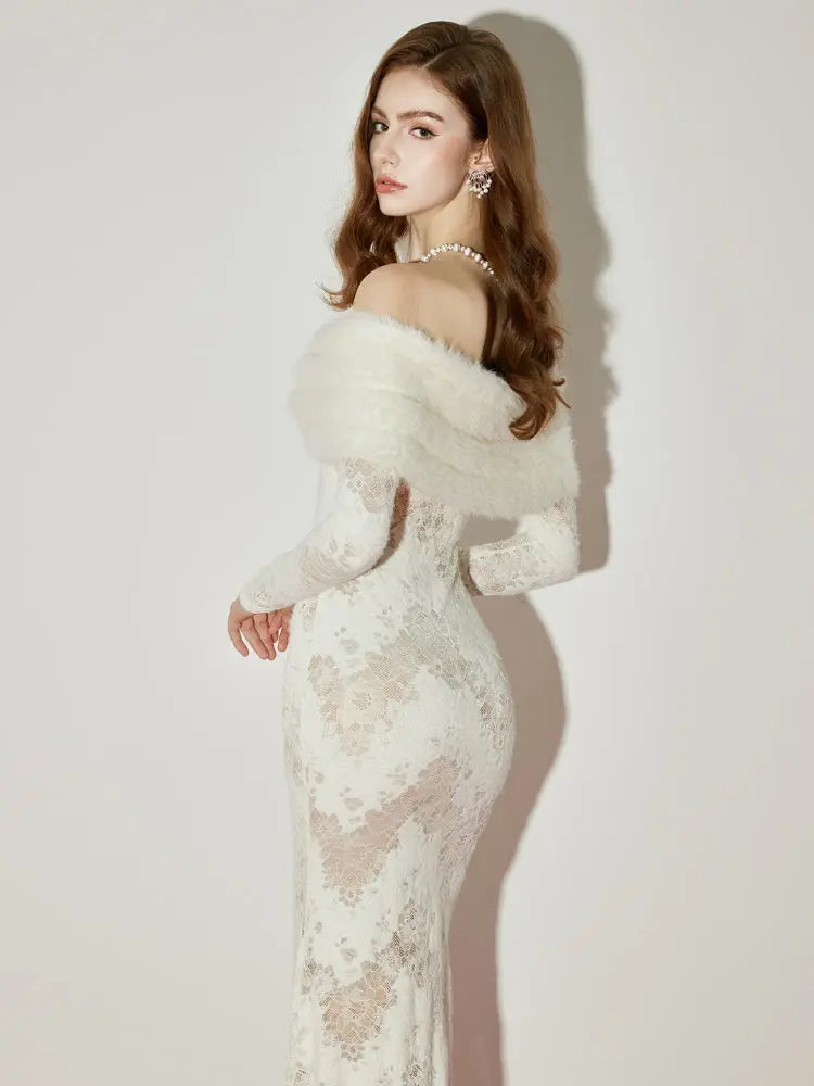 Off-Shoulder Fur Collar Long Sleeve Lace Maxi Dress in White