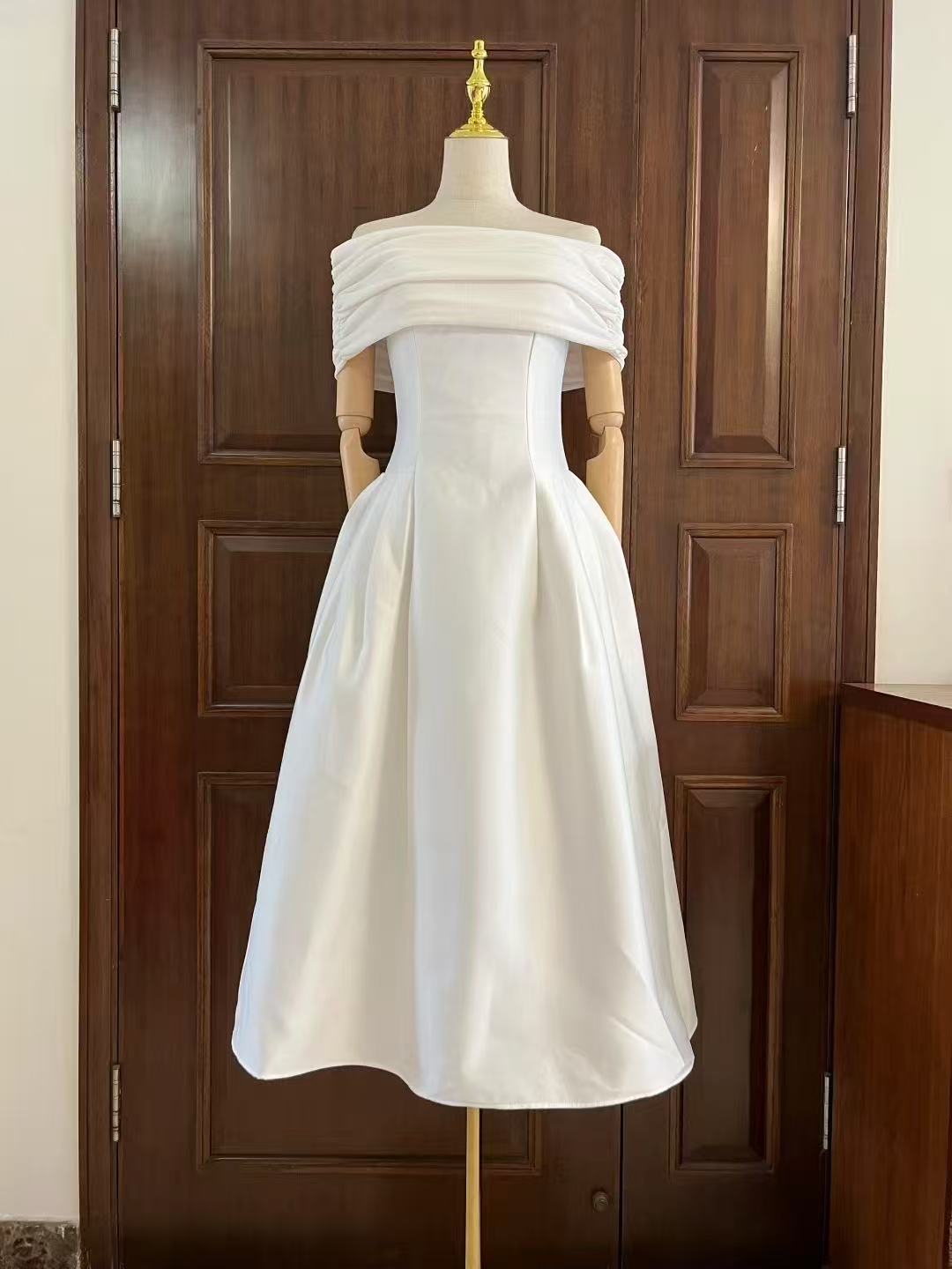 Off-the-Shoulder Satin White Midi Dress