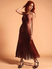 Halter Fringe Maxi Dress in Brown