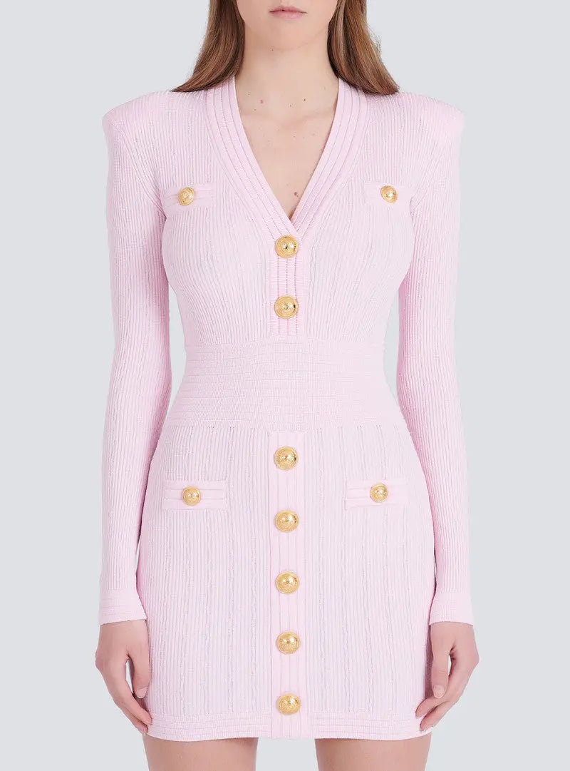 V-Neck Button-Detail Ribbed Mini Dress in Pink