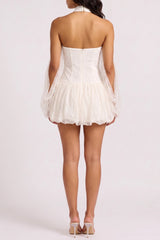 Halter 3D Floral Sheer Lace Bell Sleeve Mini Dress