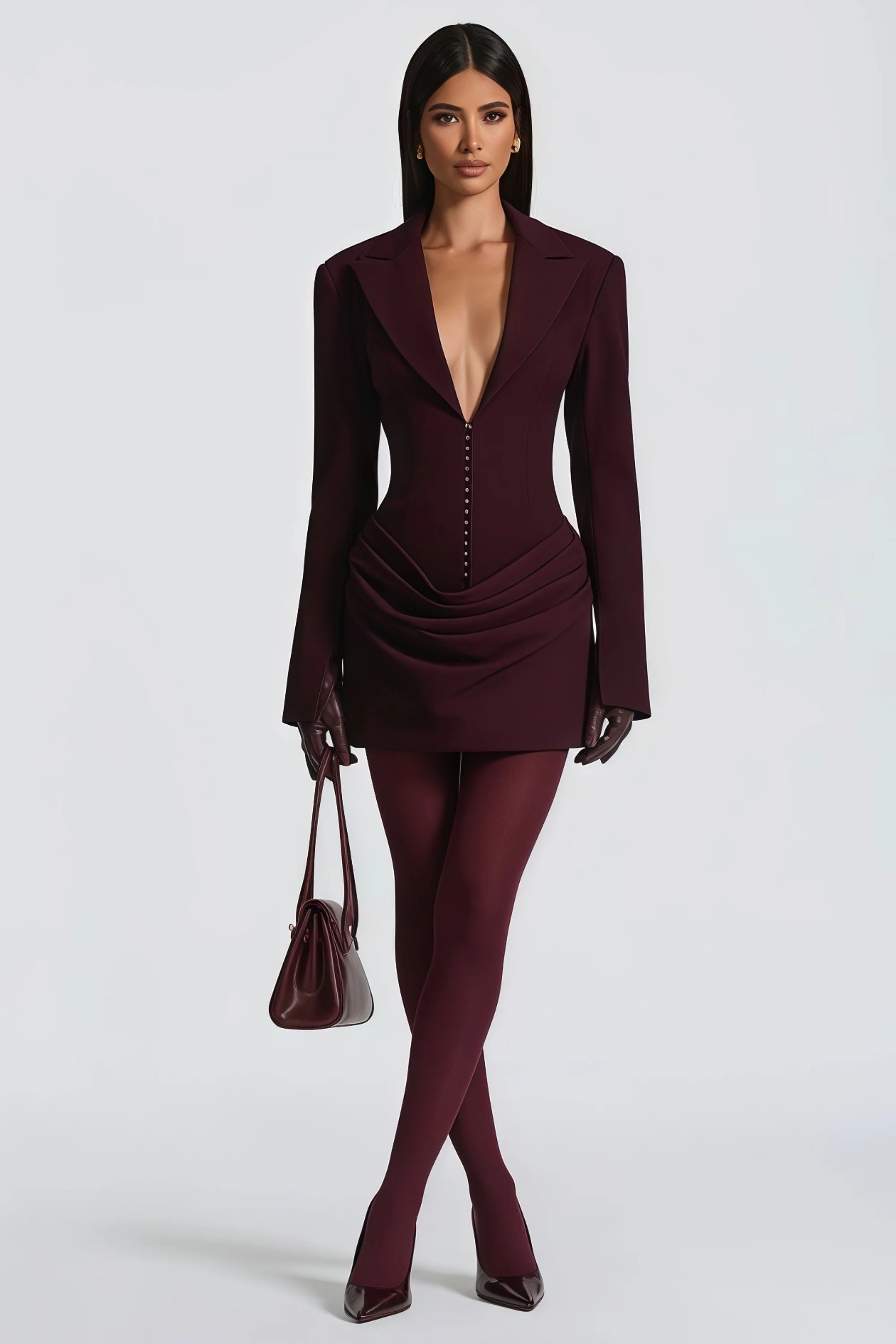 V-Neck Ruched Blazer Mini Dress in Wine Red