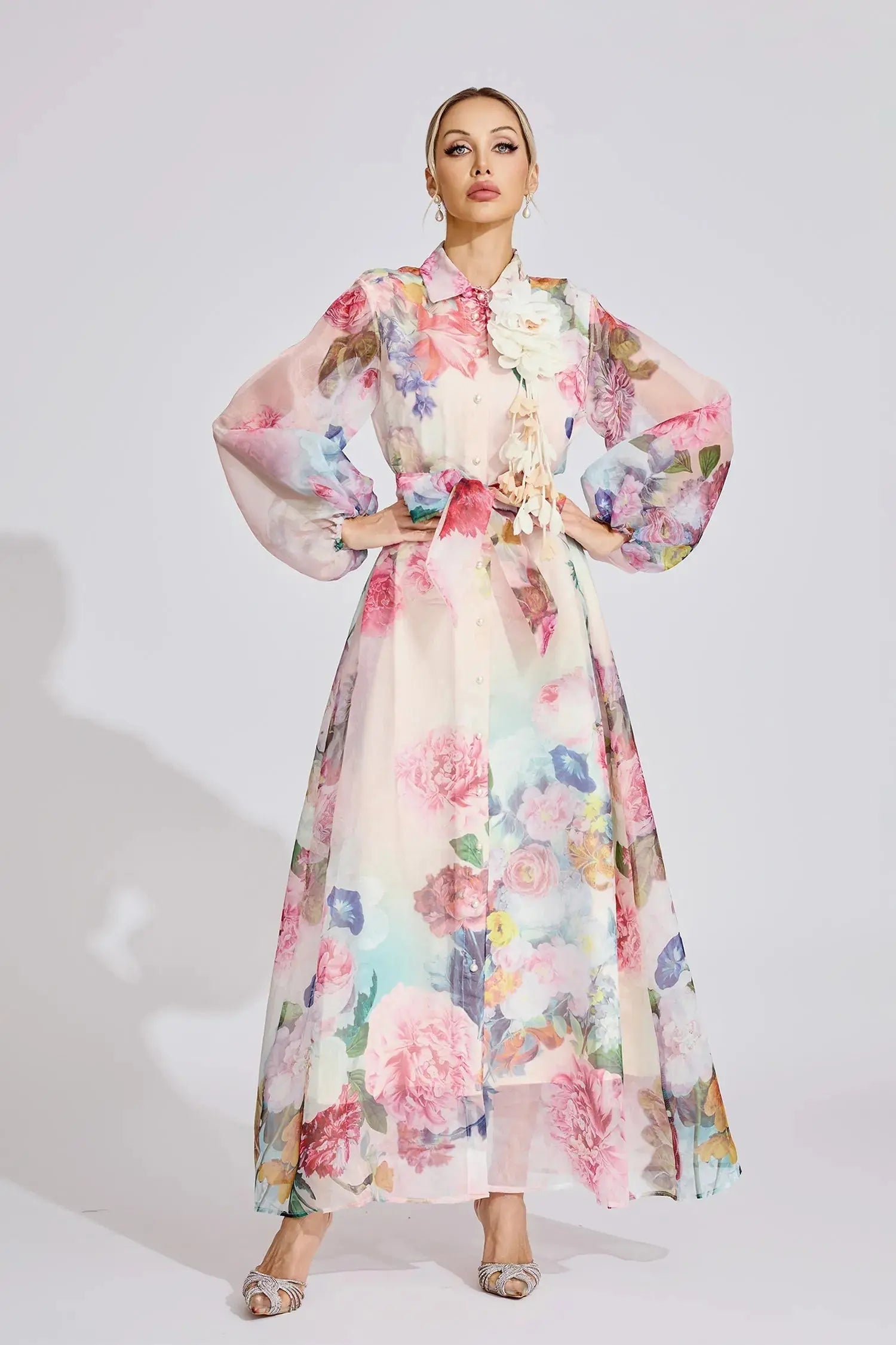 Pink Floral Printed Lantern Sleeve Maxi Dress