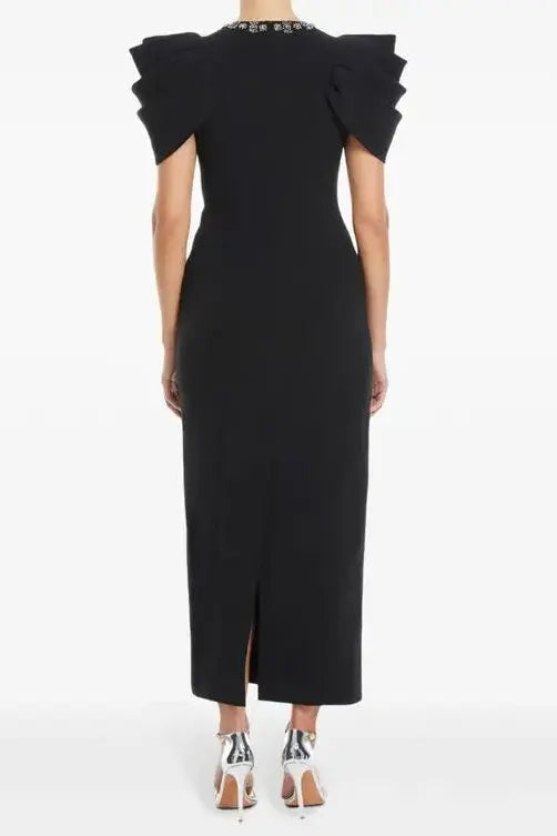 Crystal-Embellished Crepe Bodycon Gown in Black