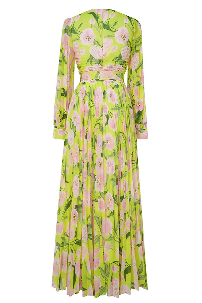 V-Neck Silk Printed Maxi Dress in Yellow