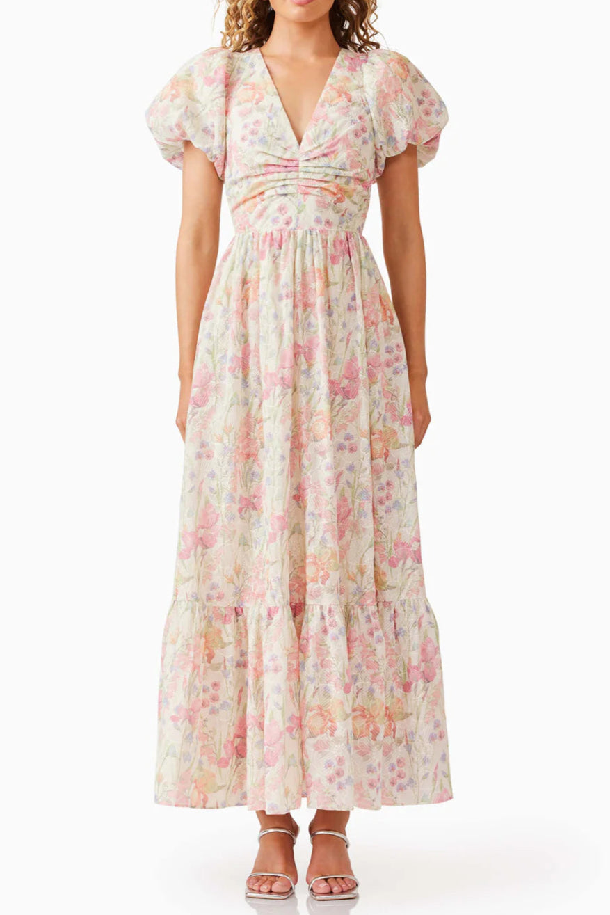 V-Neck Puff Sleeves Floral Maxi Dress in Pink