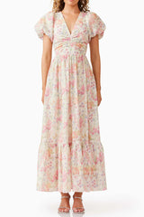 V-Neck Puff Sleeves Floral Maxi Dress in Pink