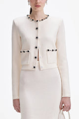Cream Embellished Cardigan Skirt Set