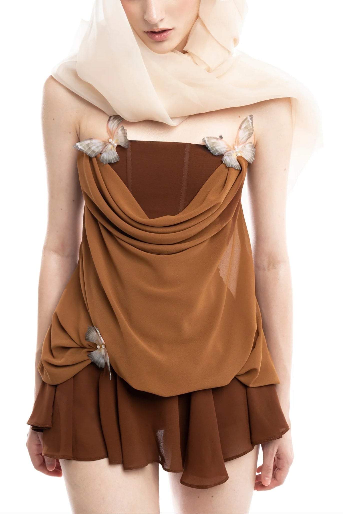 Brown 3D Fishbone Top Mini Skirt Set