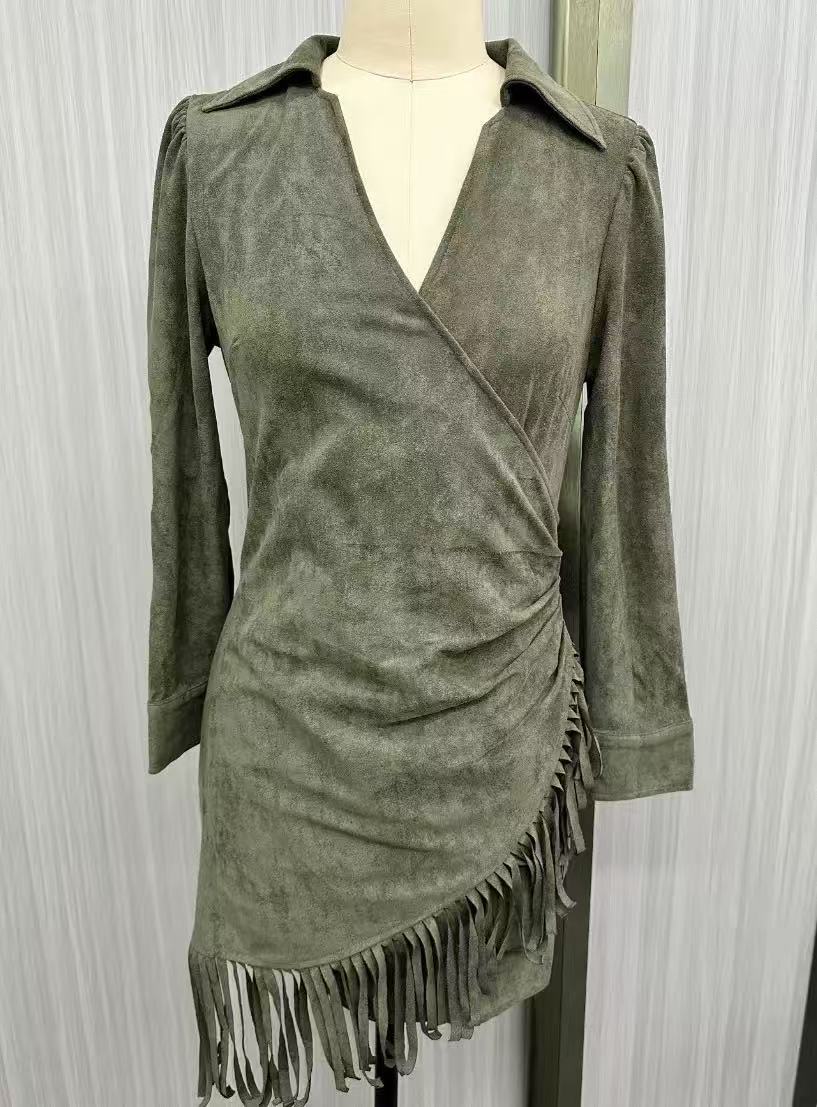 Olive Green Faux V-Neck Wrap Mini Dress