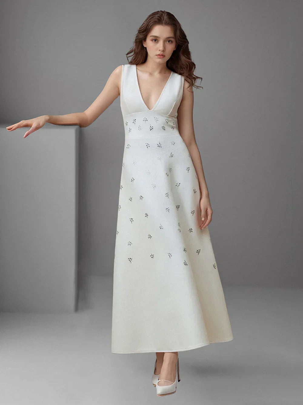 Diamond V-Neck Midi Dress in White
