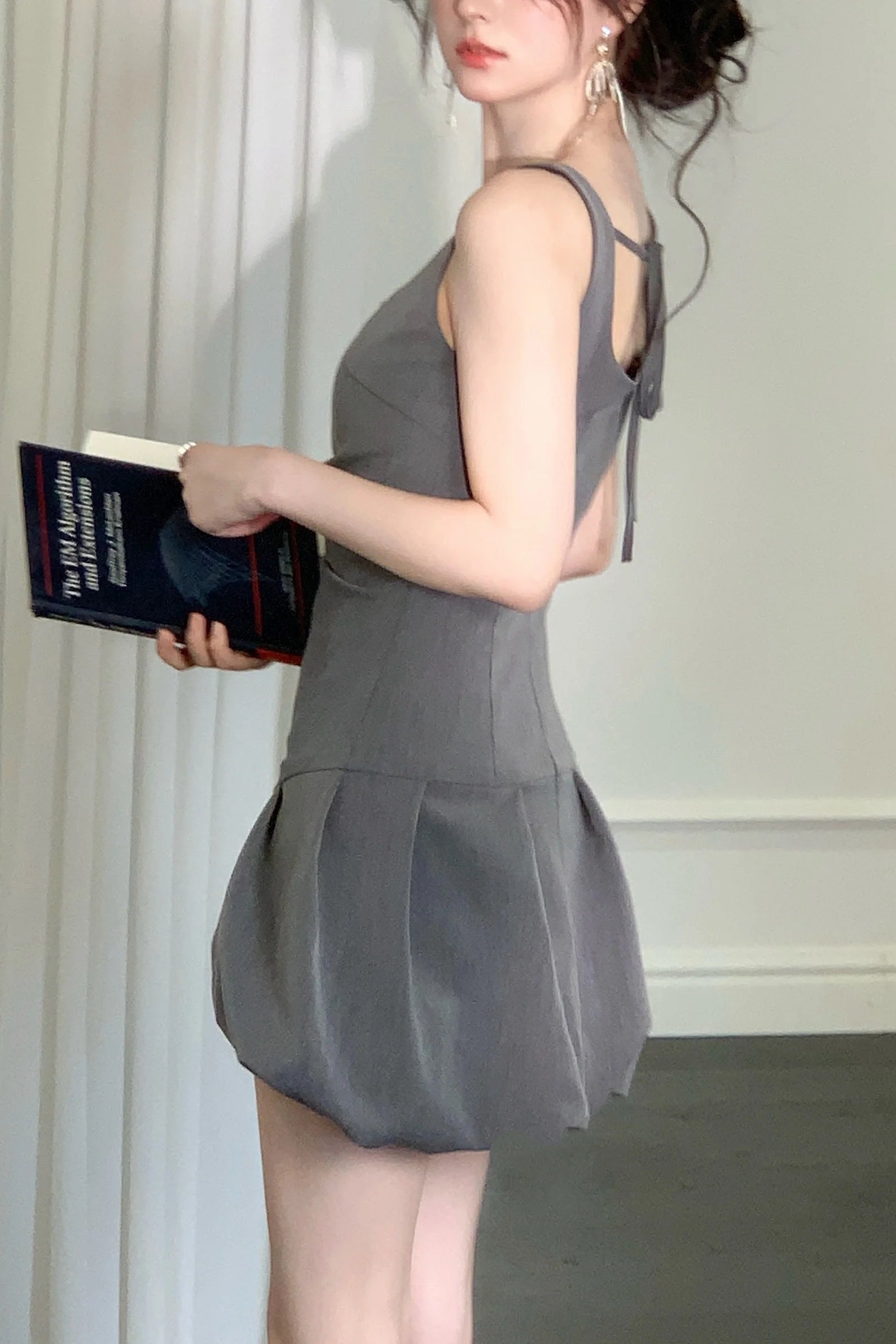 Square Neck Bud Mini Dress in Gray