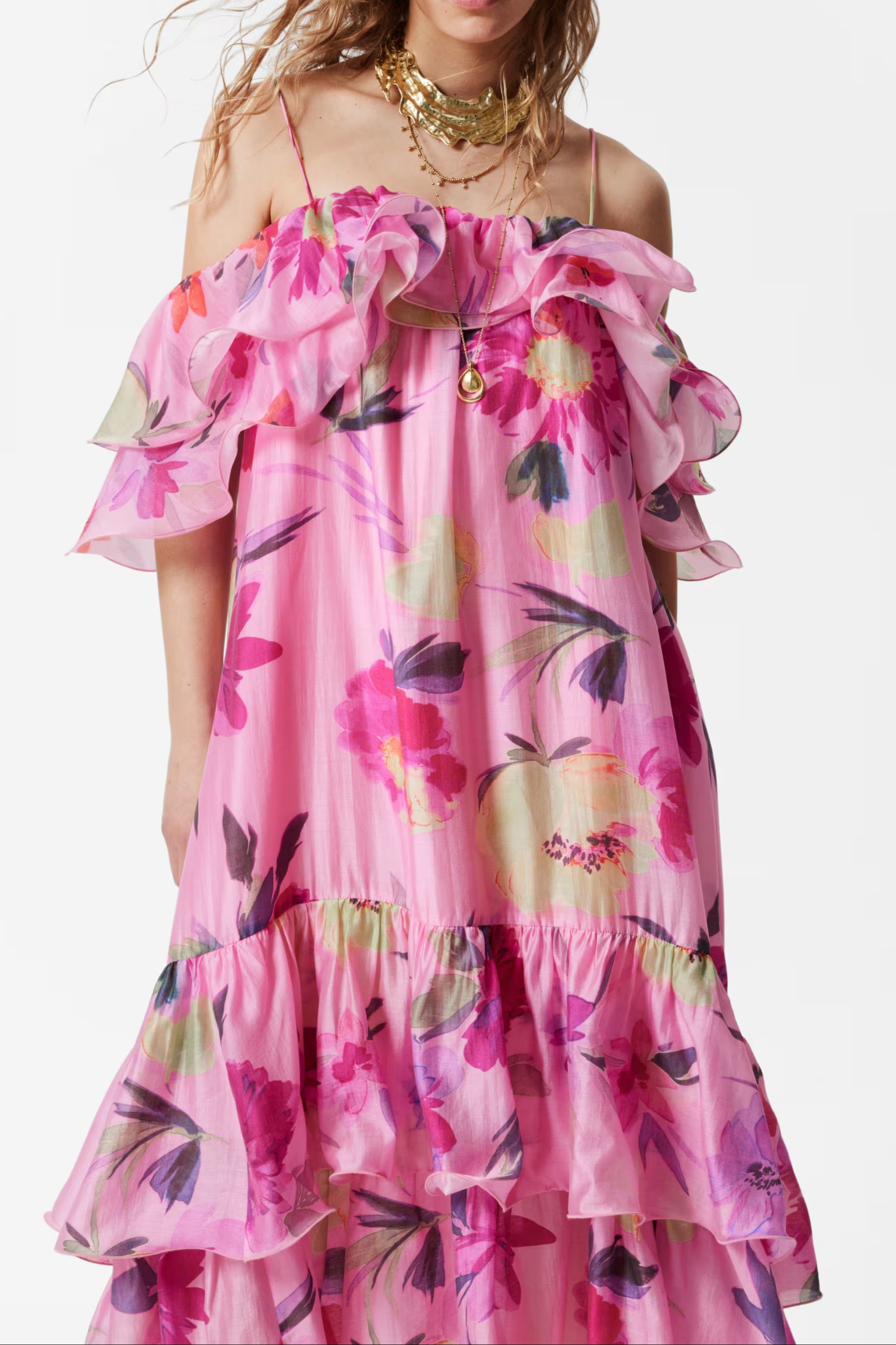 Off-Shoulder Floral Printed Ruffle Maxi Dress in Rose Red