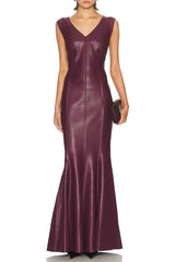 V-Neck Sleeveless Leather Maxi Dress in Burgundy
