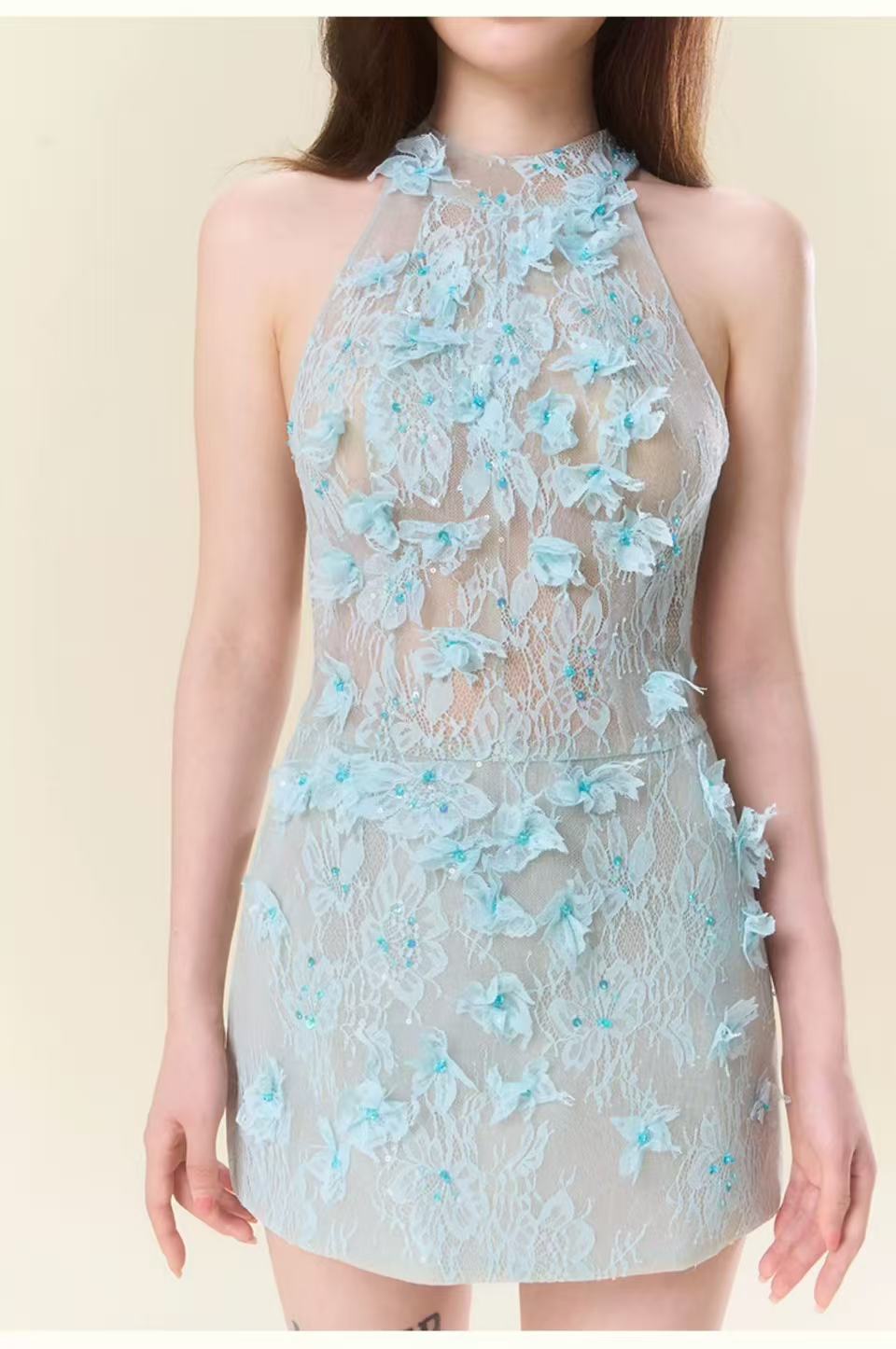 Floral Lace Mini Dress In blue