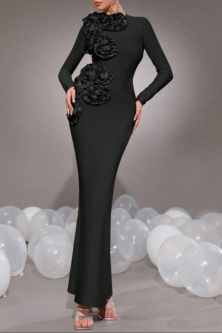 3D Flower Bandage Maxi Dress in Black
