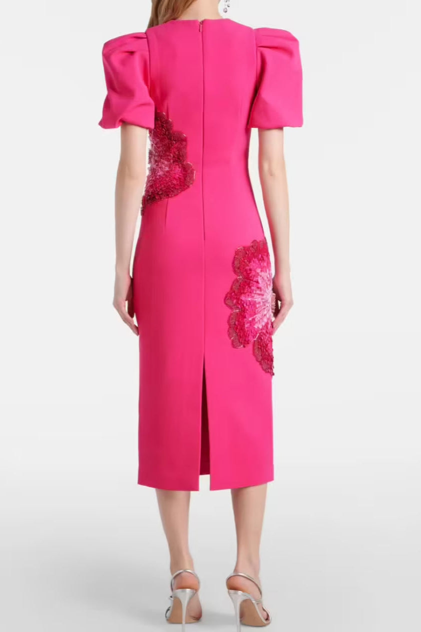 Sequin Flower Embellished Puff Sleeve Midi Dress in Pink