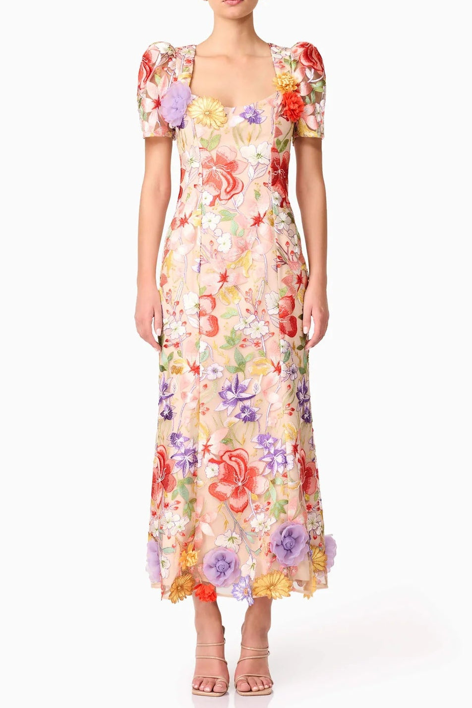 Square Neck Backless Mesh Embroidered Maxi Dress