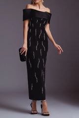 Off-Shoulder Rhinestone Bandage Maxi Dress in Black