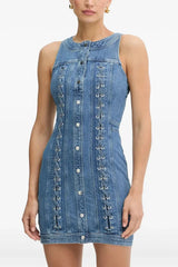 Buttoned Lace-Up Sleeveless Mini Dress in Navy Blue