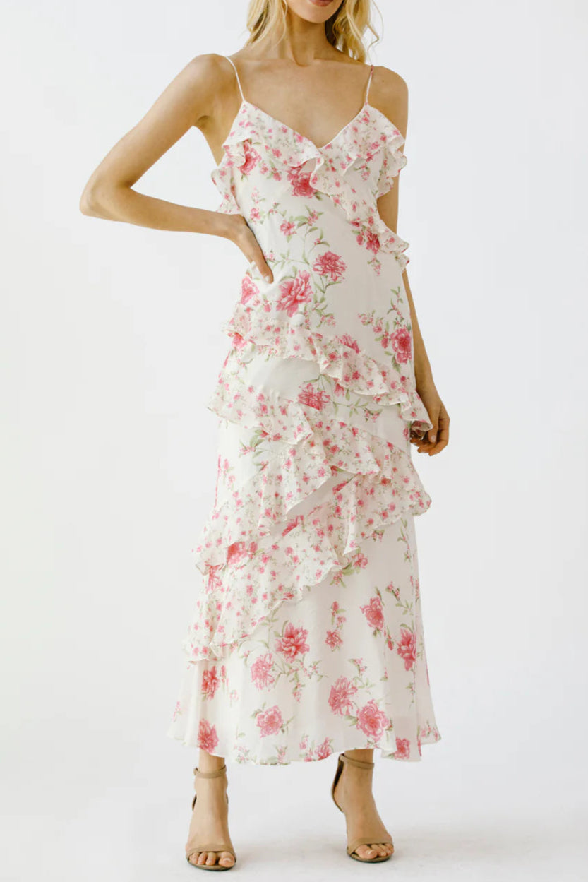 Floral Ruffle Maxi Dress - Pink & Lvory