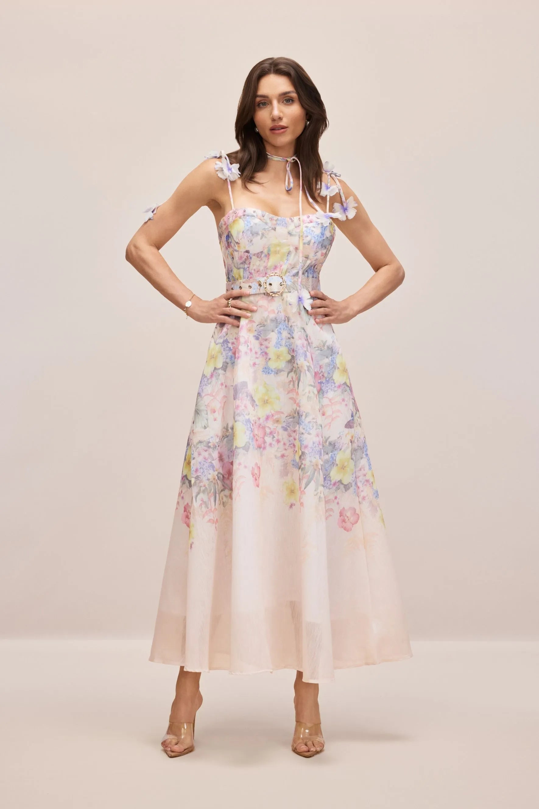 Floral Printed Strap Corset Maxi Dress