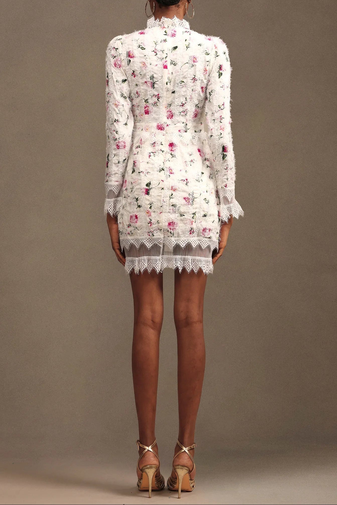 Lace-Trim Long-Sleeve Floral Midi Dress in White