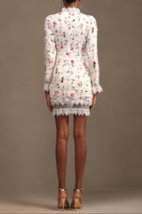 Lace-Trim Long-Sleeve Floral Midi Dress in White