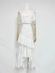 Ruffled Top Floral Embroidered Skirt Set - White