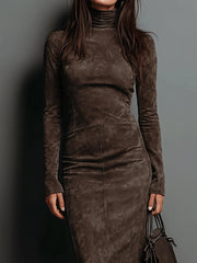High Neck Long Sleeve Midi Dress