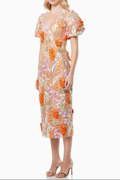 Mesh Embroidered 3D Flower V-neck Puff Sleeves Midi Dress in Orange