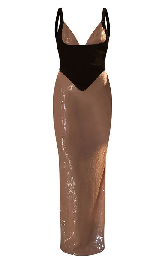 Nude Sequin Contrast Corset Maxi Dress