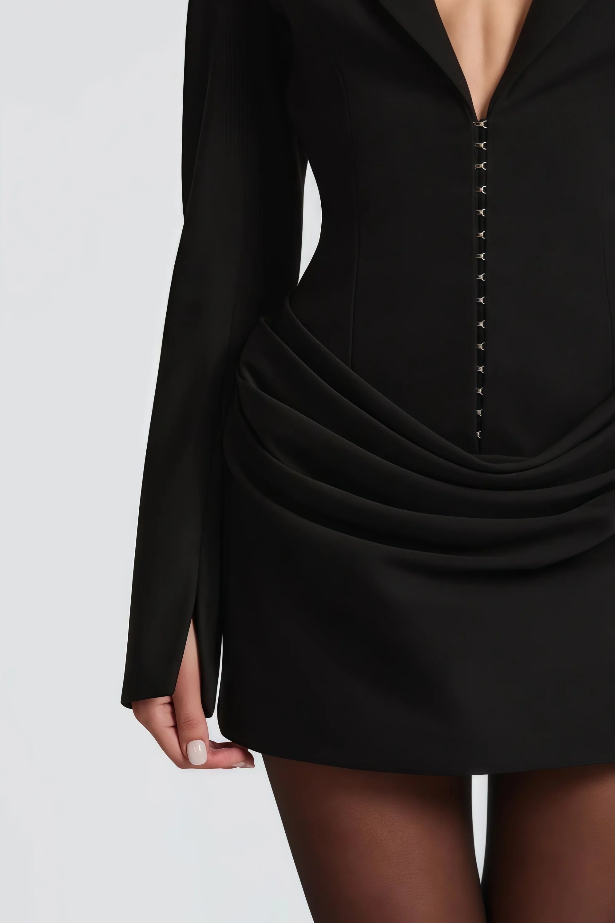 V-Neck Ruched Blazer Mini Dress in Black