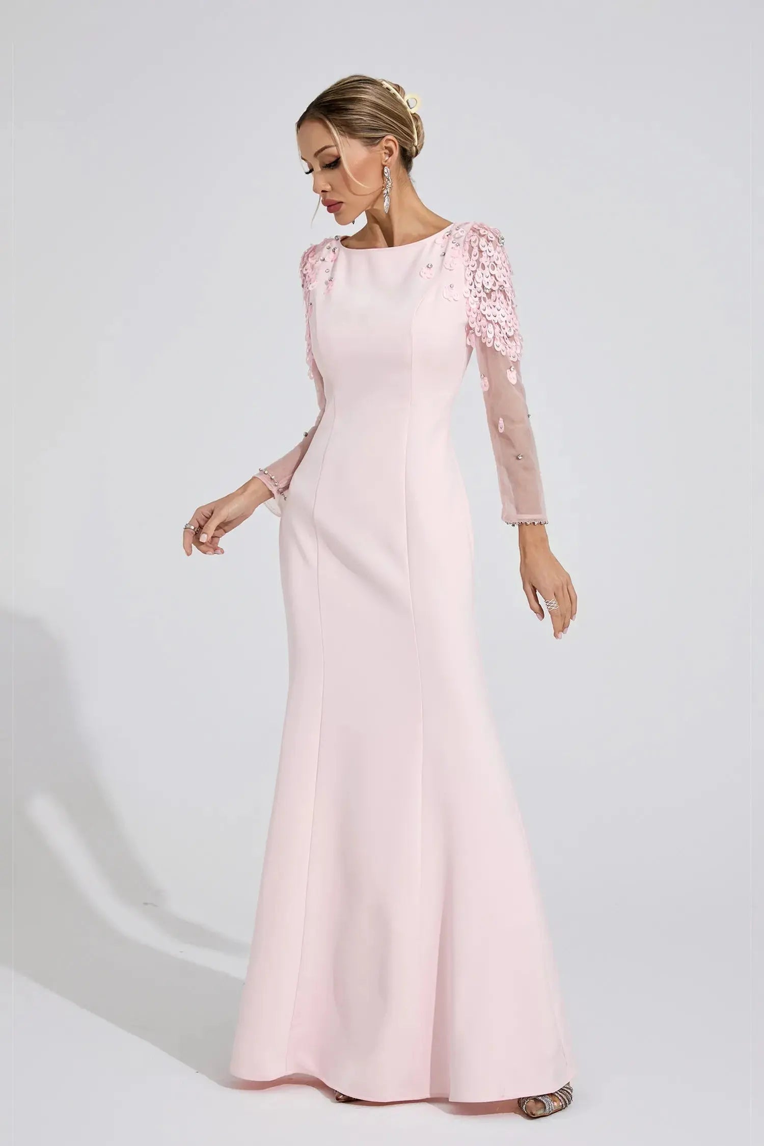 Pink Sequin Mesh Sleeve Maxi Dress