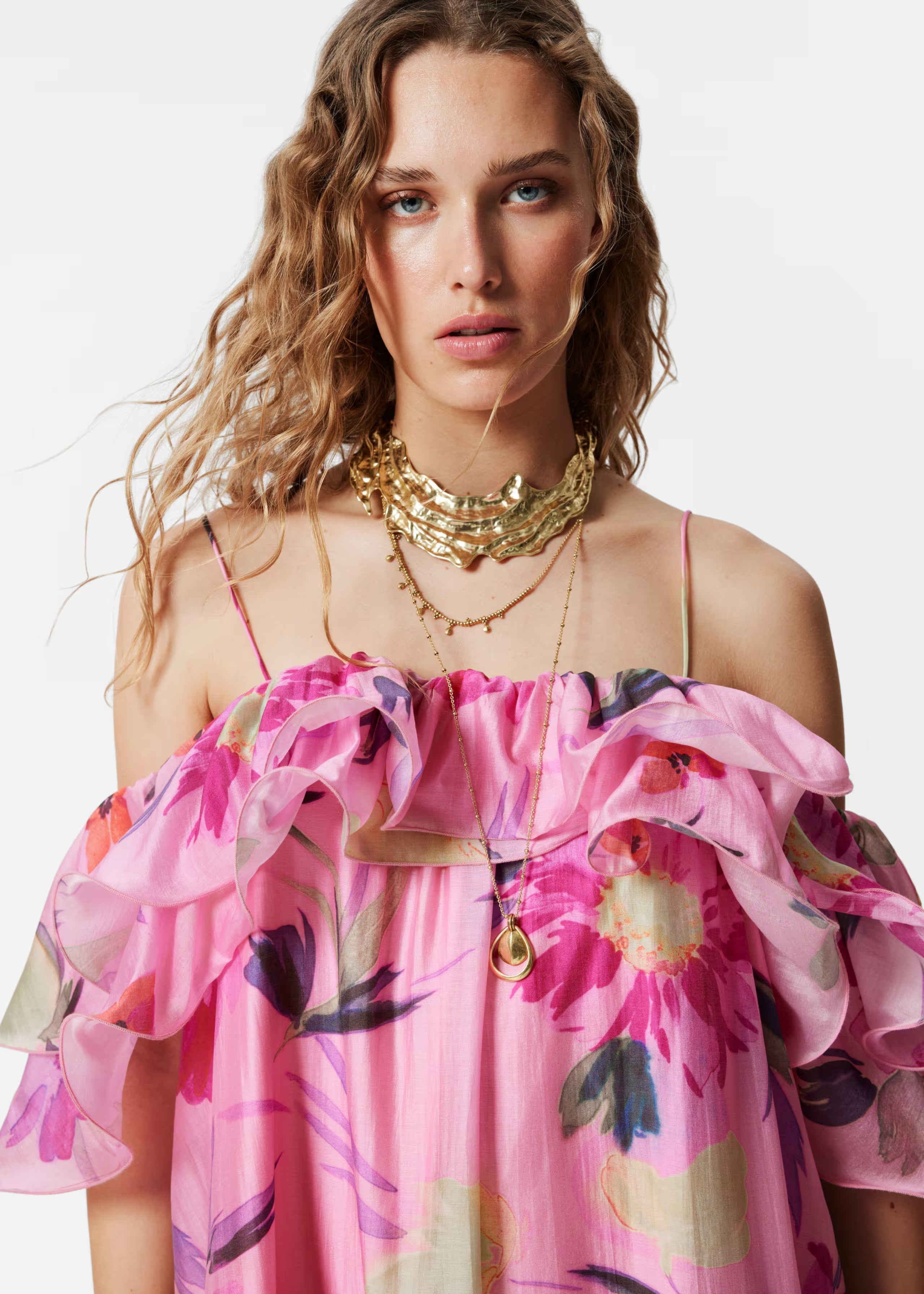 Off-Shoulder Floral Printed Ruffle Maxi Dress in Rose Red