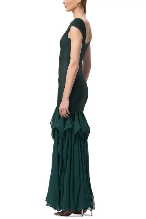 Ruffled Mesh Bodycon Bandage Maxi Dress in Green