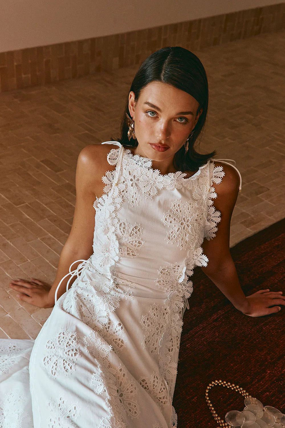 Lace Trim Embroidery Hollow Midi Dress in White