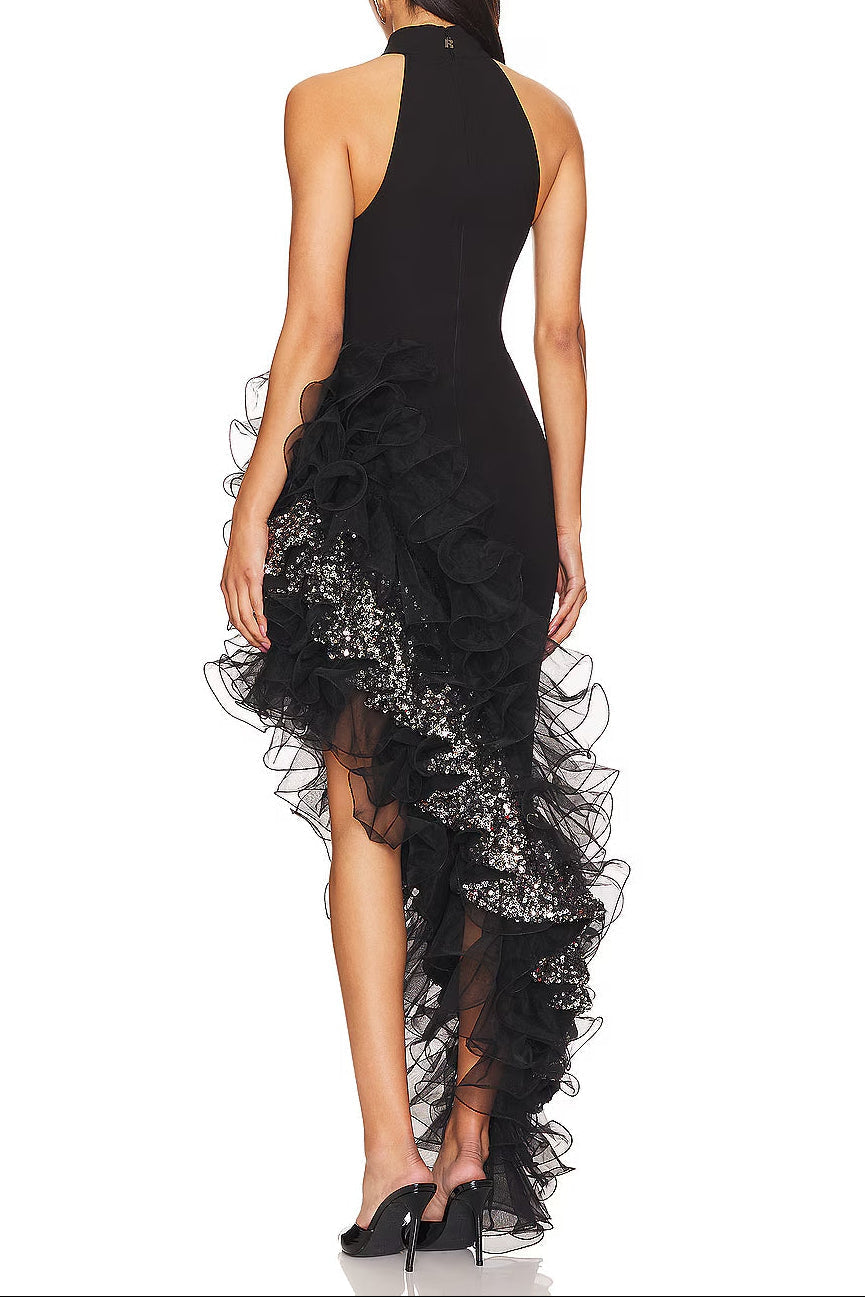 Halter Sleeveless Sequin Ruffle Trim Maxi Dress in Black