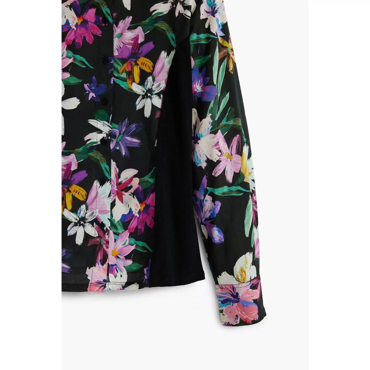 Black Vibrant Floral Print Long Sleeve Button-Down Shirt