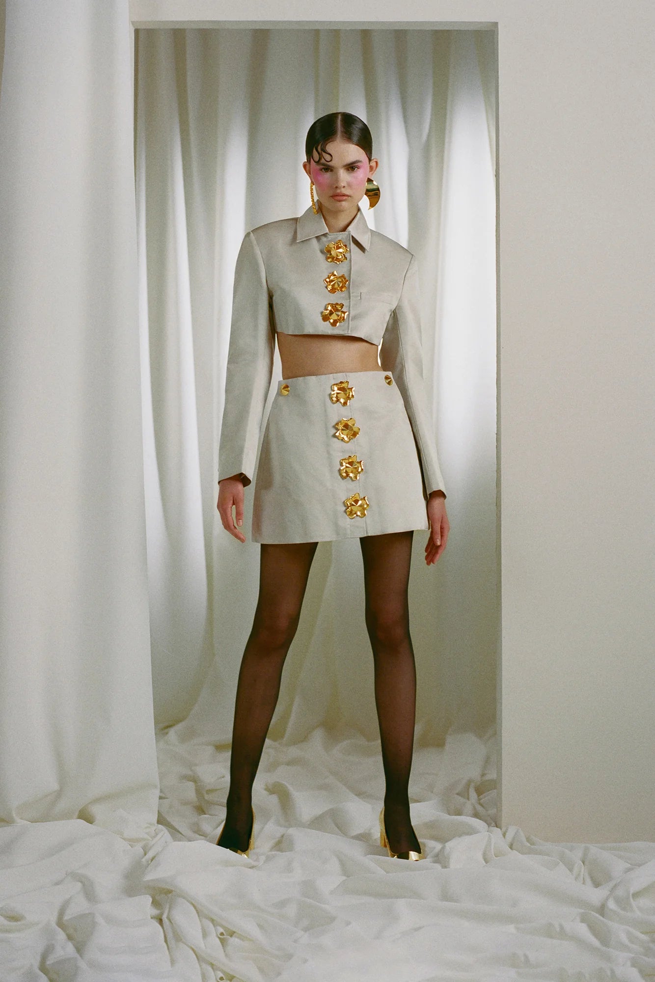 Metal Buttoned Blazer Skirt Set in Beige